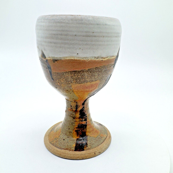 Studio Art Pottery Goblet Chalice Cup Textured Brown Gray Stoneware Signed #3 - Picture 2 of 9